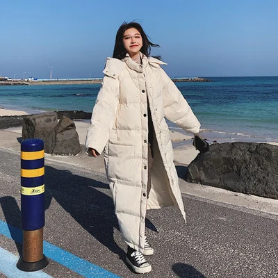Off-white Длинный пуховик, хлопковая куртка, пальто, парка с капюшоном,, зимняя новая Корейская куртка-пуховик, Женская Толстая теплая хлопковая верхняя одежда, свободные женские пальто - Цвет: Off-white