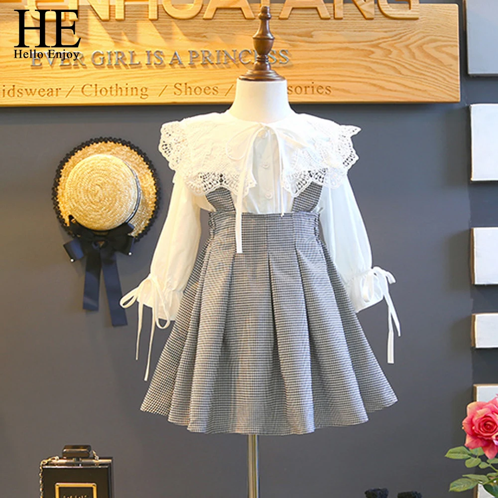 Prix IL Bonjour Profiter Enfants Vêtements Fille Automne À Manches Longues En Dentelle Arc Shirt + Bretelles Plaid Robe Bébé Filles Vêtements 2 3 4 5 6 Y