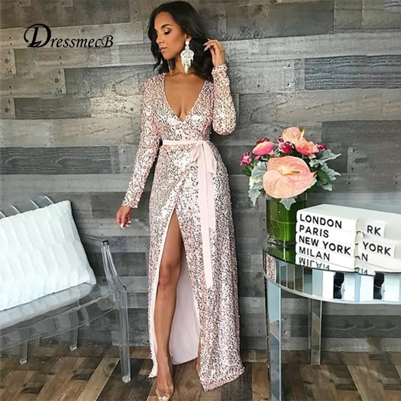 Dressmecb Женщина Sexy Макси платья с длинным рукавом Bodycon V Средства ухода за кожей Шеи