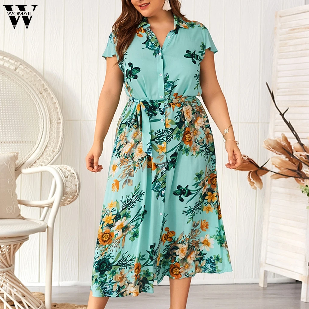 

Womail Plus Size Womens Floral Print Short Sleeve Dress Button Ladies Shirt Dresses Bohemian short sleeve NEW casual dresses J21