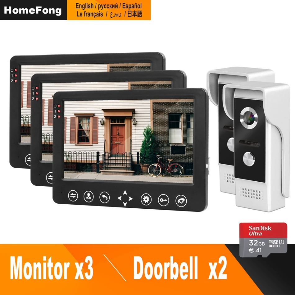 

Homefong Wired Video Intercom Kits Home intercom System with 3 Indoor Monitor 2 Doorbell Camera Support Motion Detection Record