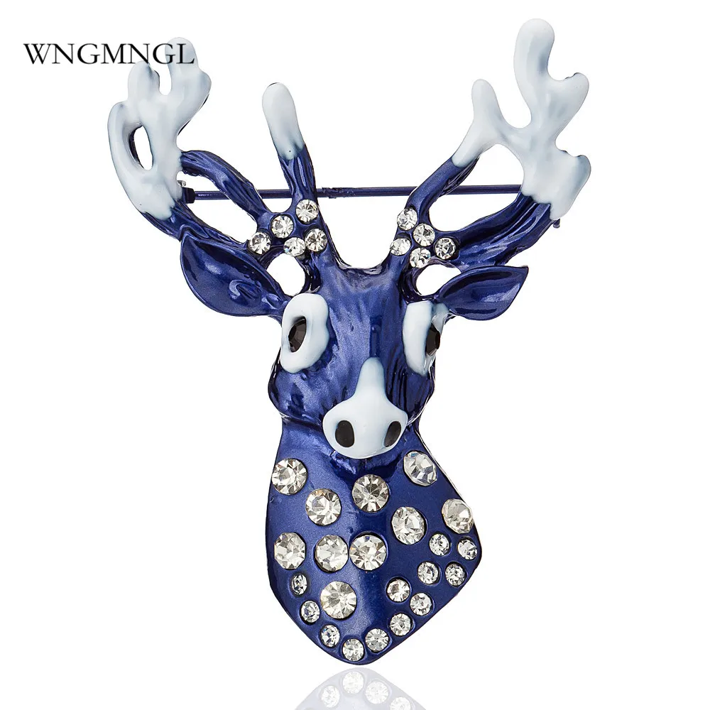 

WNGMNGL 2018 New Arrival Blue Crystals Christmas Reindeer Deer Head Brooch Pin Broach Brooches for Women Fashion Jewelry Gift