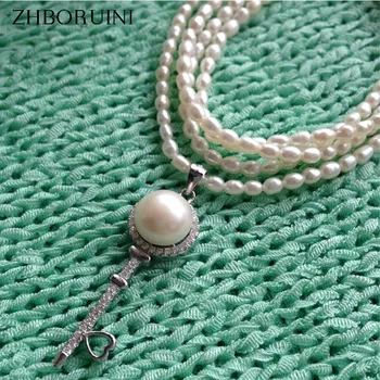 

ZHBORUINI Fashion Long Multilayer Pearl Necklace Freshwater Pearl Lovely Key Necklace 925 Sterling Silver Jewelry For Women