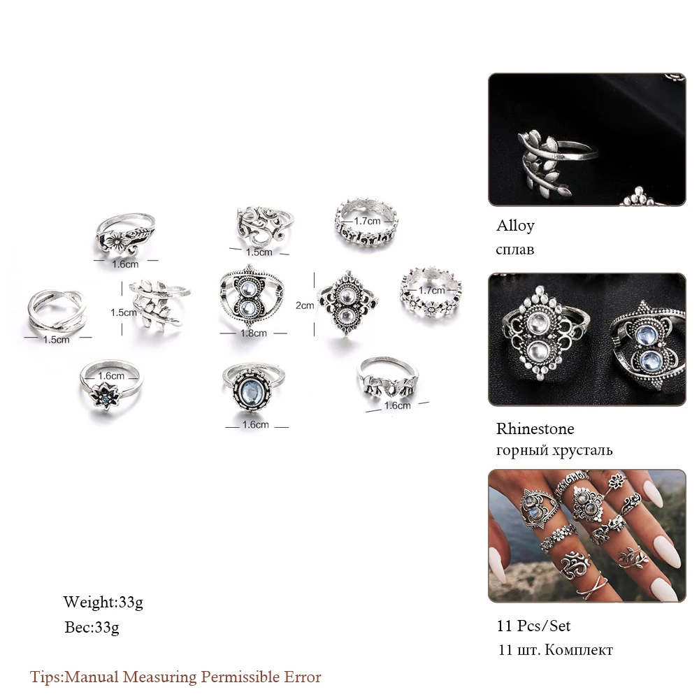 Meyfflin панк набор колец с кристаллами Винтаж Серебряный Лотос слон миди кольца на фаланг пальца для женщин Богемия Ювелирные Изделия Bague Femme
