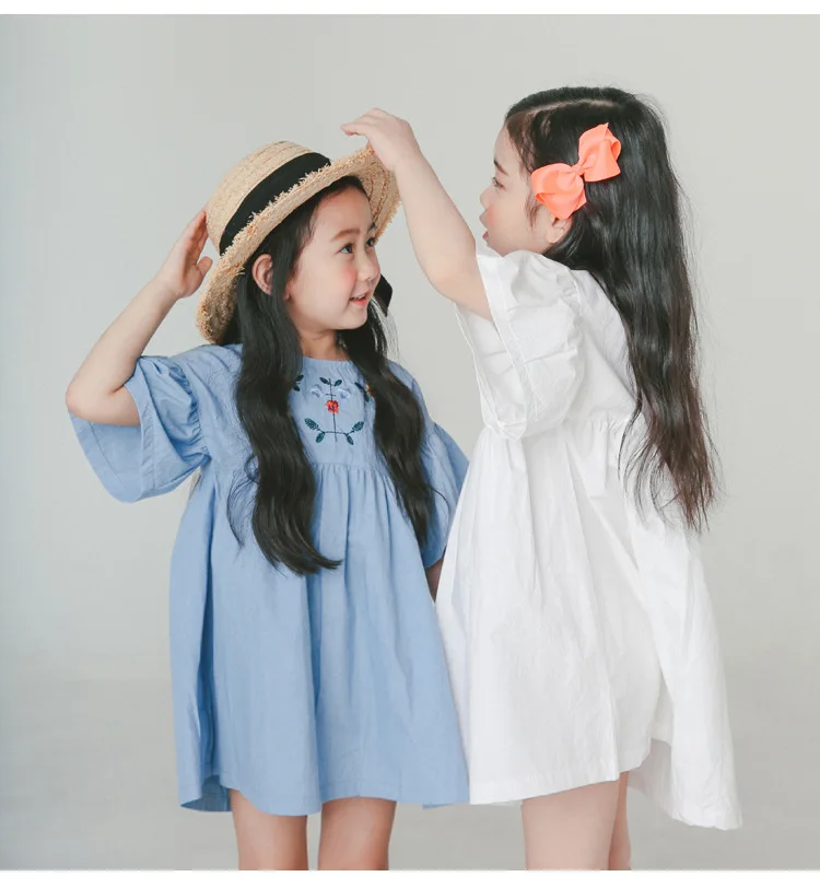 cotton embroidery girls summer dress flare sleeves princess summer girl dresses solid white blue kids clothing  4 5 6 7 8 9 10 11 12 13 14  years old little big teenage girls summer dress cotton  (1)