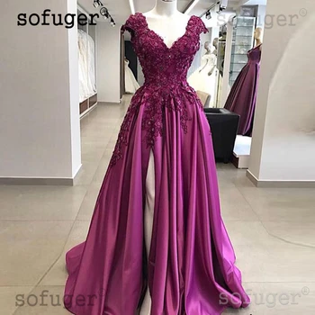 

Purple Satin Evening Dress Delicate V-Neck Cap Sleeve High Slit Appliques Prom Dresses Formal Gown Vestido de Festa