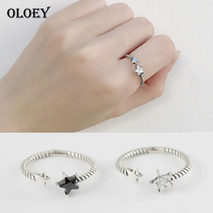 

OLOEY Real 925 Sterling Silver Open Rings for Women Vintage Hemp Rope Stars Shaped Finger Ring Bague Fine Jewelry Gift YMR101