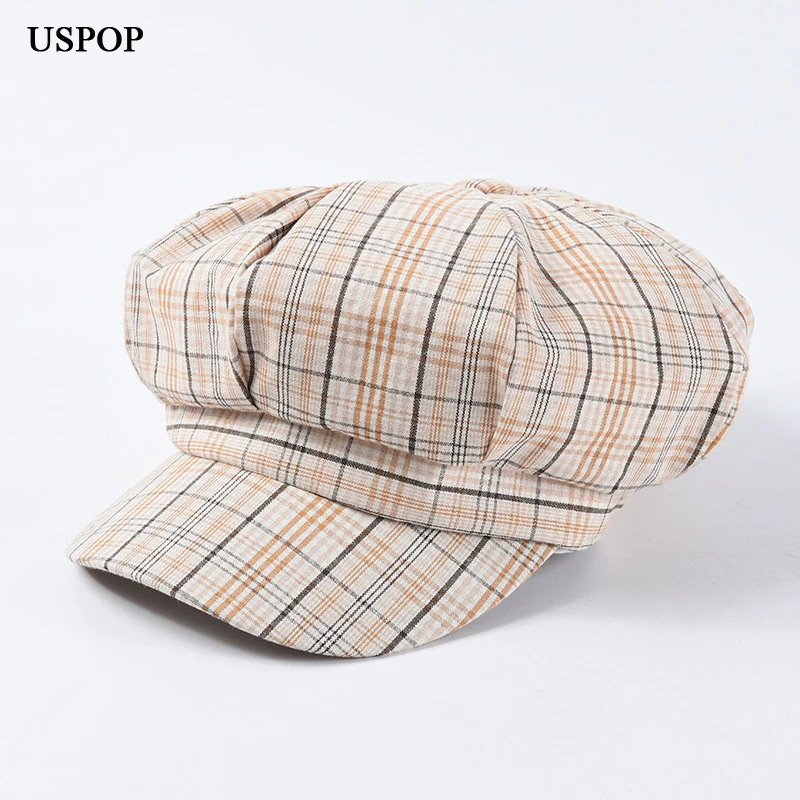 

USPOP 2019 New adjustable newsboy caps for women vintage plaid newsboy caps striped octagonal hats soft visor caps