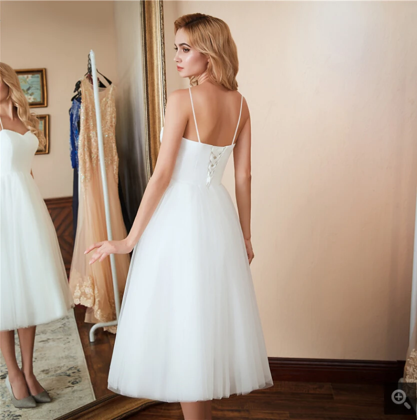 Robe De Mariage A Line White Satin Tulle Spaghetti Straps Wedding
