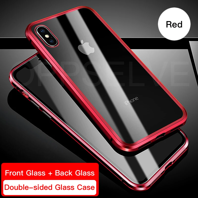Oppselve Магнитный чехол для телефона для iPhone XR XS MAX X 8 7 6 6S Plus двусторонний чехол из закаленного стекла с металлическим магнитом Coque Capinhas - Цвет: Transparent Red