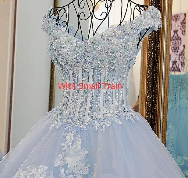 LS33870 bling bridal мантии линия отбортовывая зашнуровать назад Ivory и голубое платье венчания organza платье невесты - Цвет: with small train