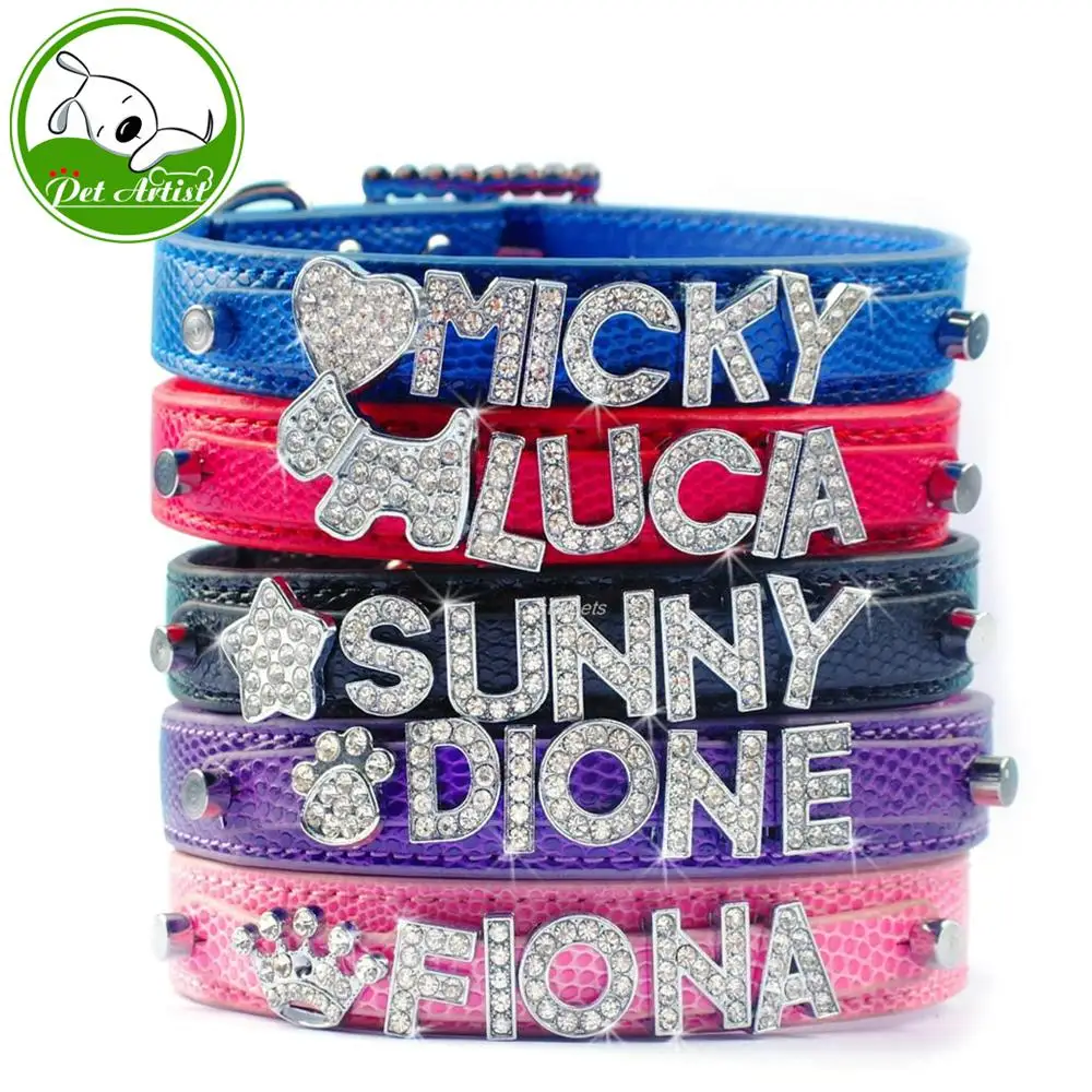 

Personalized Snake Pattern Leather Dog Pet Puppy Collars Free Customized Rhinestone Name Letters & Charms 4 Sizes
