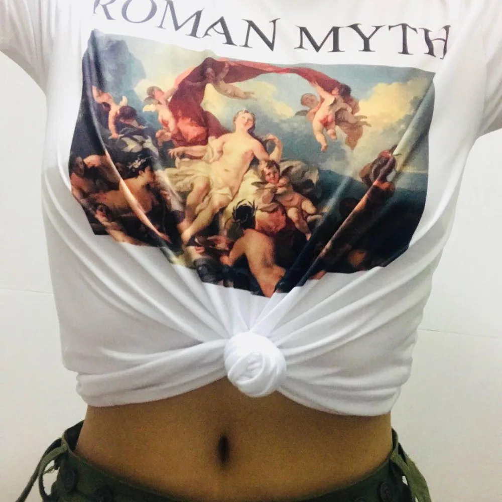

Fashion Harajuku Oil Painting Roman Myth Print Retro Women T-Shirt New Summer funny Tumblr Loose XL Round Collar Women Clothing