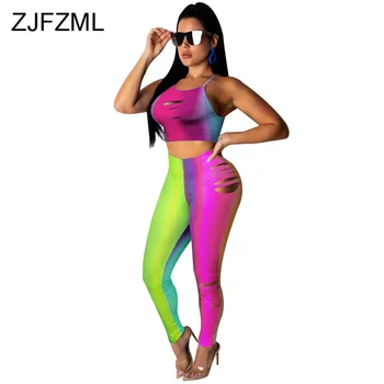

Color Block Sexy 2 Piece Outfits For Women Summer Clothes Crop Top + Skinny Pants Sweatsuit Casual Hollow Out Gradient Tracksuit