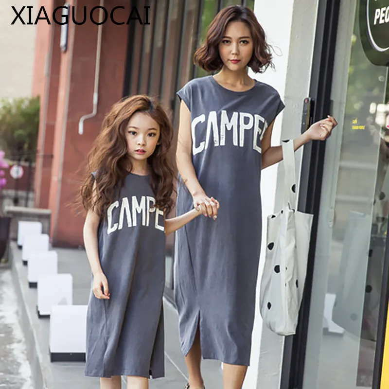 

XiaGuoCai 2018 new Family Matching Outfits Mother And Daughter summer dress Letter pattern 100% cotton sleeveless dress l79 35