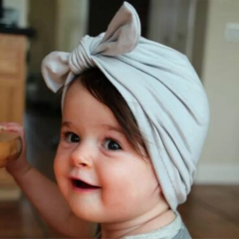 

2019 New newborn photography props Bohemia Style Solid Color Rabbit Ear Heathered Knit baby turban hat with bow