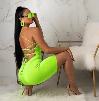

Sexy Rompers Womens Jumpsuit Neon Green Club Bodycon Bandage Jumpsuit Short Lace Up Backless Bodysuit Ladies Summer Playsuit