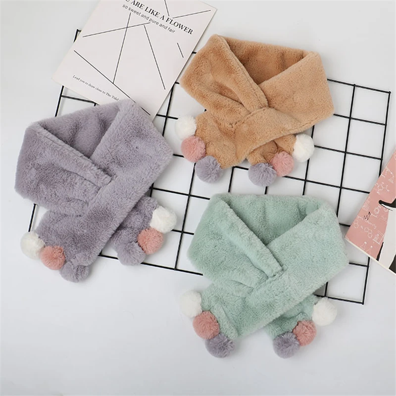 Winter Cute Children Scarf Boy Girls Scarves Baby Imitation Rabbit Fur Collar Scarf with Pompom Neck Warmers Christmas Gift