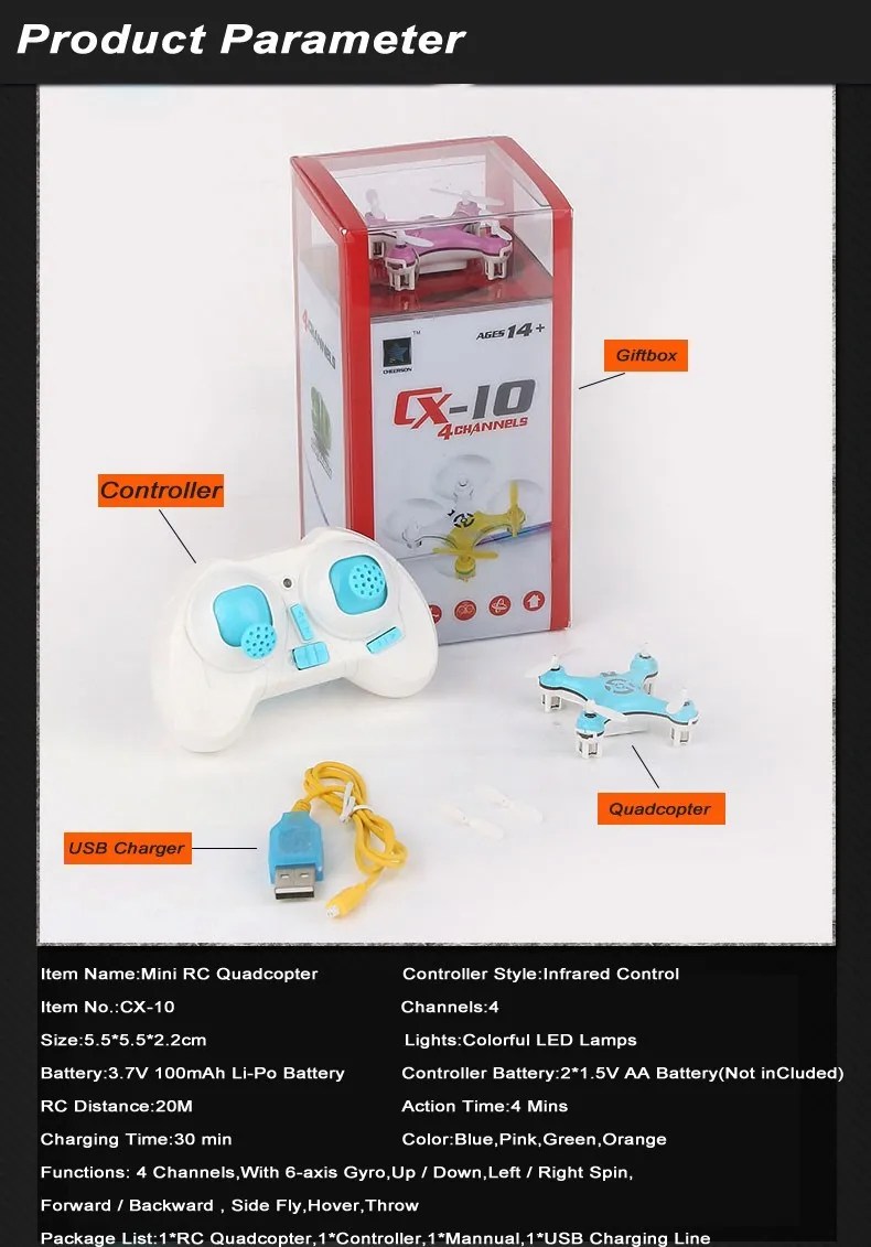 Brinquedos + Casca Original Cheerson Mini Drone rc 4ch 2.4 Ghz 6-axis Giroscópio Quadcopter Dron Helicóptero Extra Cx-10 2 rc helicóptero mini zangão brinquedos + casca extra