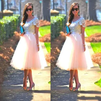 

Charming A line Lace Tulle Short Prom Dresses with Scoop Neck Short Sleeve Tea Length Party Gowns 2017 Vestidos De Noche