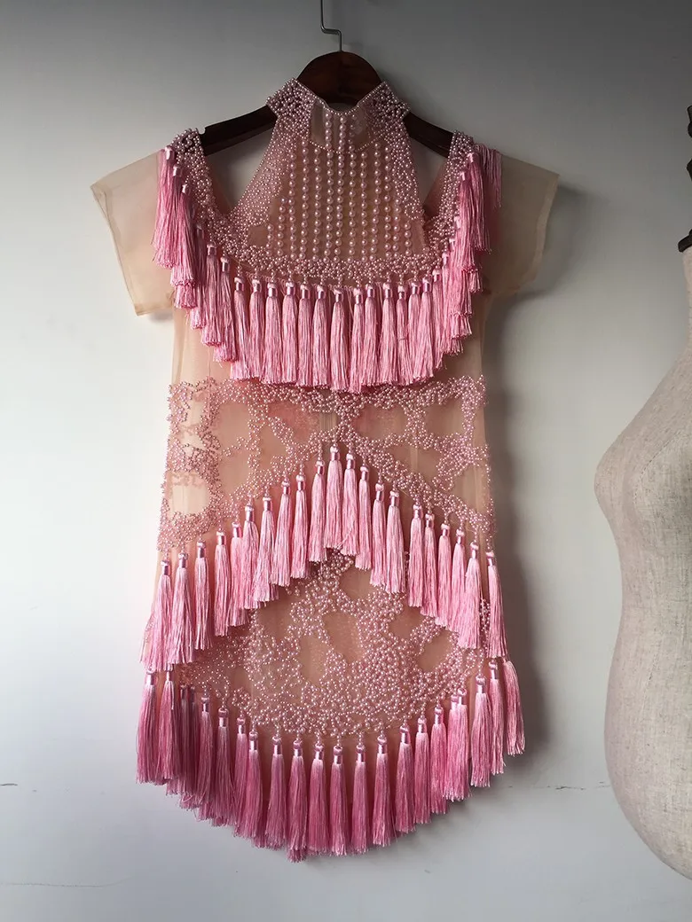 TANG 2019 Summer Sexy Off Shoulder Women Mesh Dress Pink Hollow Out Mini Dress Runway Fringe Bodycon Party Dress (10)