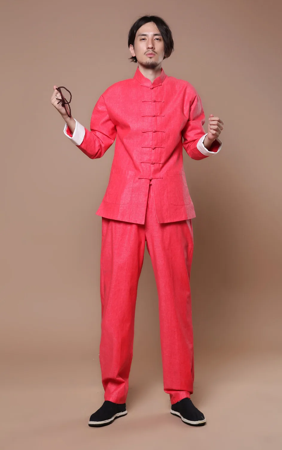Бежевый Новое поступление китайский Мужской Хлопковый льняной костюм с длинными рукавами кунг-фу MKH01