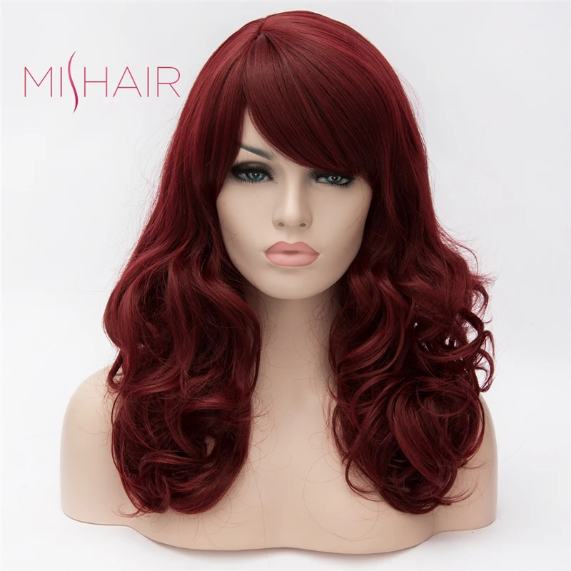 Mishair Highlight Burgundy Color Wigs For Women Quality Synthetic Wigs Fashion Women Claret Hair Wig Long Wavy Wig Wine Red