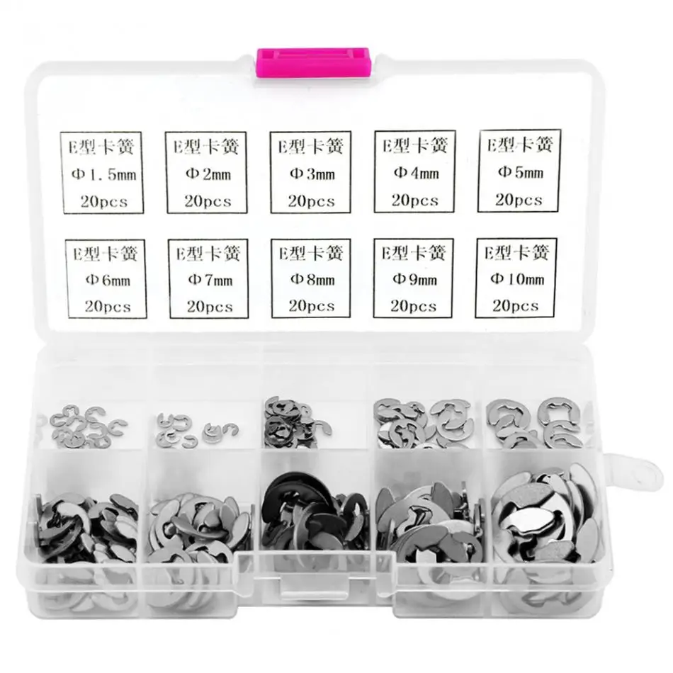 

WALFRONT 200pcs/Box Stainless Steel E-Clip Retaining Ring Assortment Kit M1.5-M10 E-ring Fasteners Washers Repair Tools Set