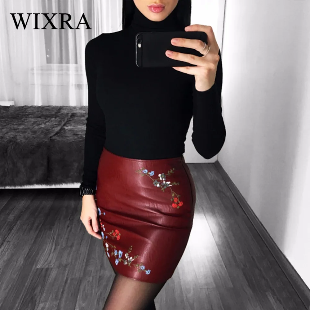 

Wixra 2017 Autumn Winter Women Fashion Floral Embroidery Mini Skirt Faux Leather Side zipper Sexy Straight Skirts For Female
