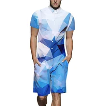 One Piece Party Overalls Mens Summer News Fashion Geometric Print Short Sleeve Mens Rompers Male Jumpsuit Cargo Short Pants