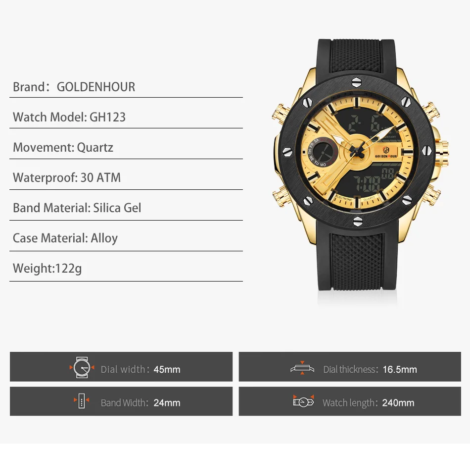 GOLDENHOUR Топ люксовый бренд мужские военные спортивные часы мужские кварцевые часы с будильником ЖК-аналоговые цифровые часы мужские резиновые часы с ремешком