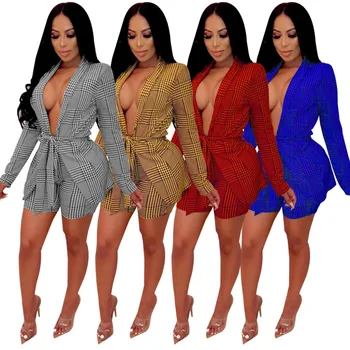 

2 Piece Set Women Striped Casual Blazer Shorts Suits Bandage Tracksuit
