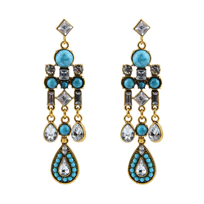 Drop Shape Rhinestone Dangle Earring Alloy Blue Stone Fashion Jewelry