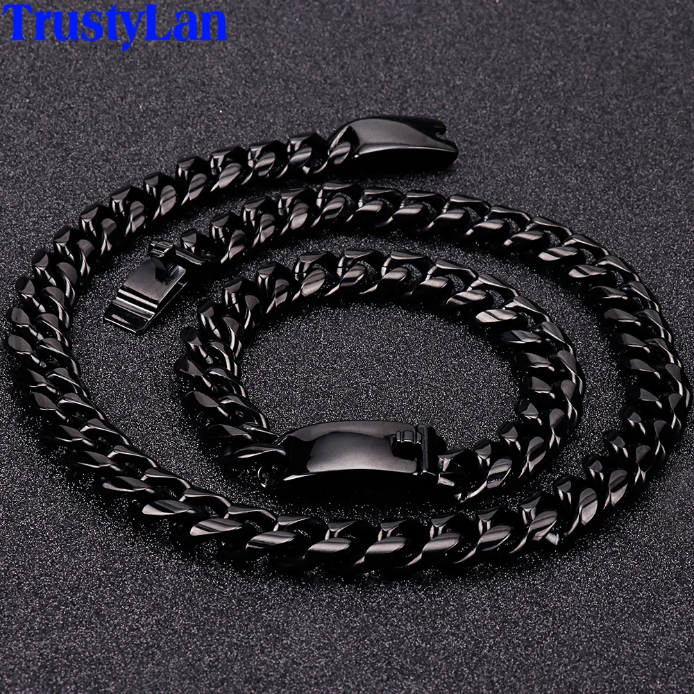 Hip Hop Necklace For Men Cuban Link Chain Man Black Stainless Steel Bracelet Male Big Chunky Minimalist Rapper Chain Necklaces