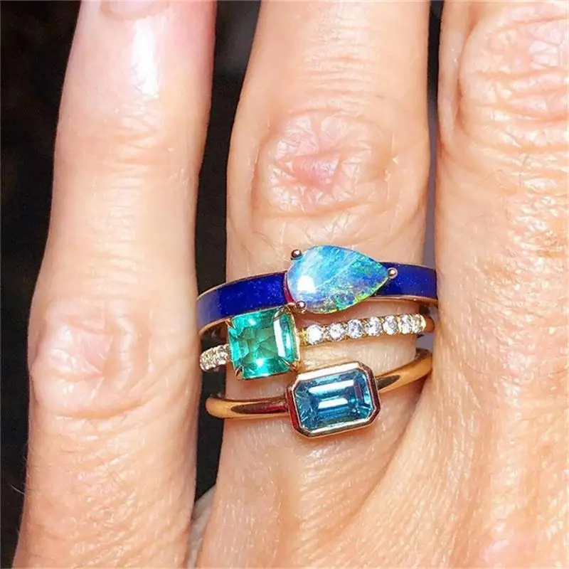 3 Pcs/Set Simple Crystal Gem Drop Square Geometry Gold Joint Ring Women Fashion Party Wedding Jewelry Accessories | Украшения и