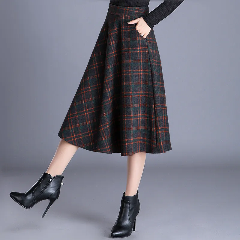 S-4XL New Women's Wool Blends Skirts Winter Autumn Fashion Elegant Printed Plaid Thicken Slim Medium Length Skirt Female