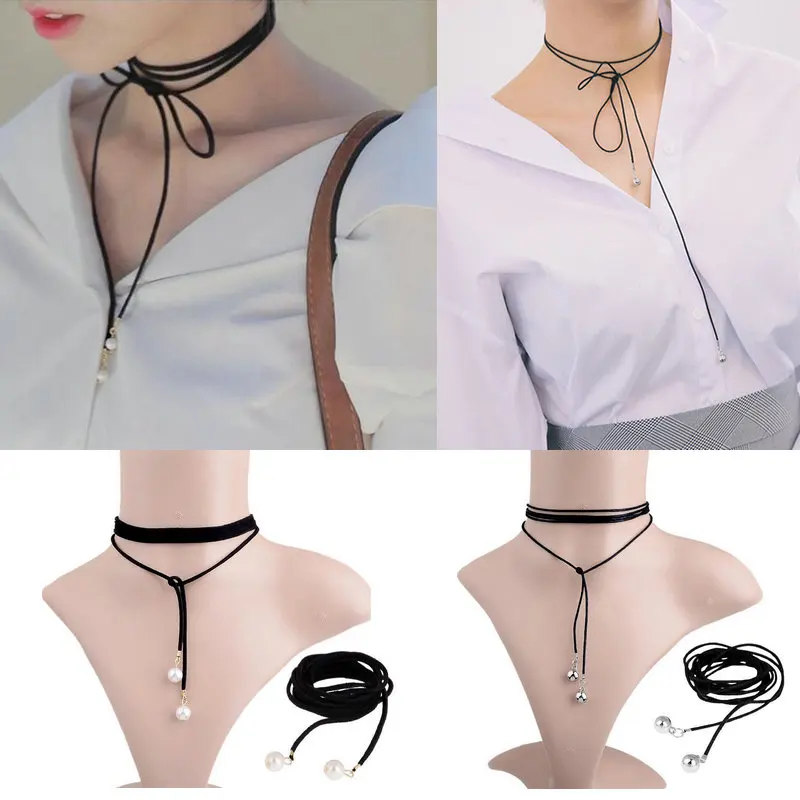 

Black Gothic Retro Velvet Long Cord Choker Necklace Women Lmitation Pearls Pendant Long Chain Necklace Jewelry Women Bracelet