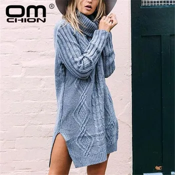 

OMCHION Pull Femme 2018 Winter Turtleneck Long Sweater Casual Loose Thick Twist Split Sweater Women Oversized Pullover LMM241