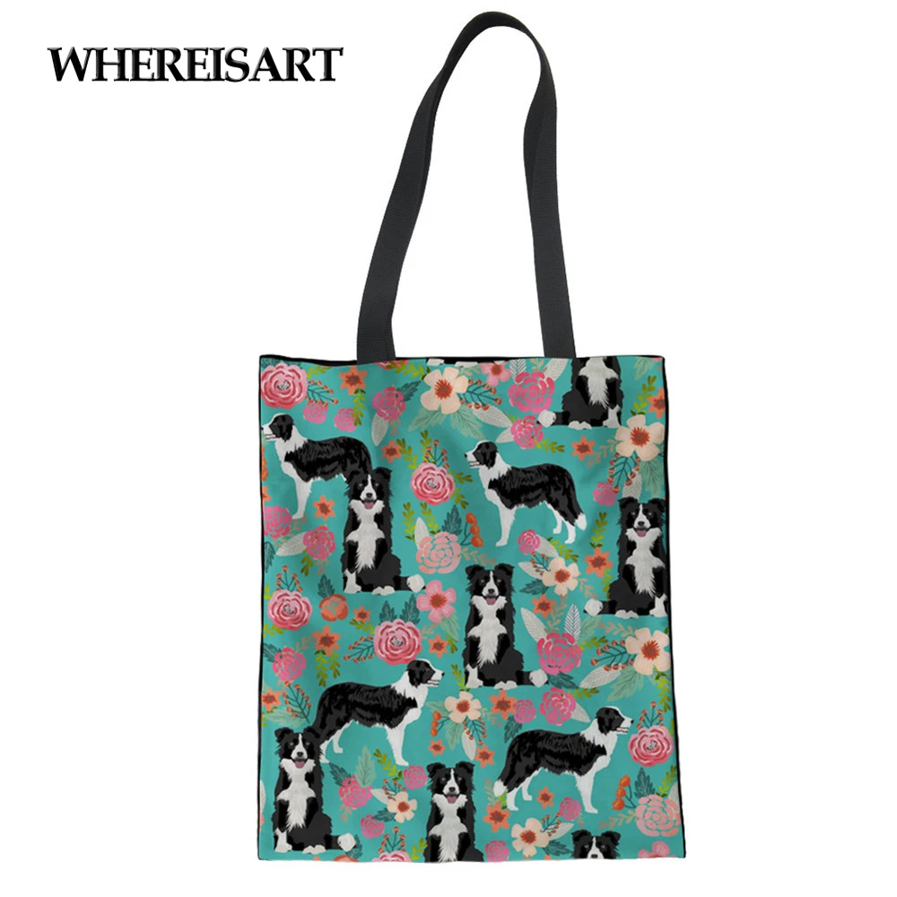 

WHEREISART Cotton Women Shopping Bags Canvas Handbag Border Collie Print Reusable Foldable Shoulder School Books Trip Tote Bag