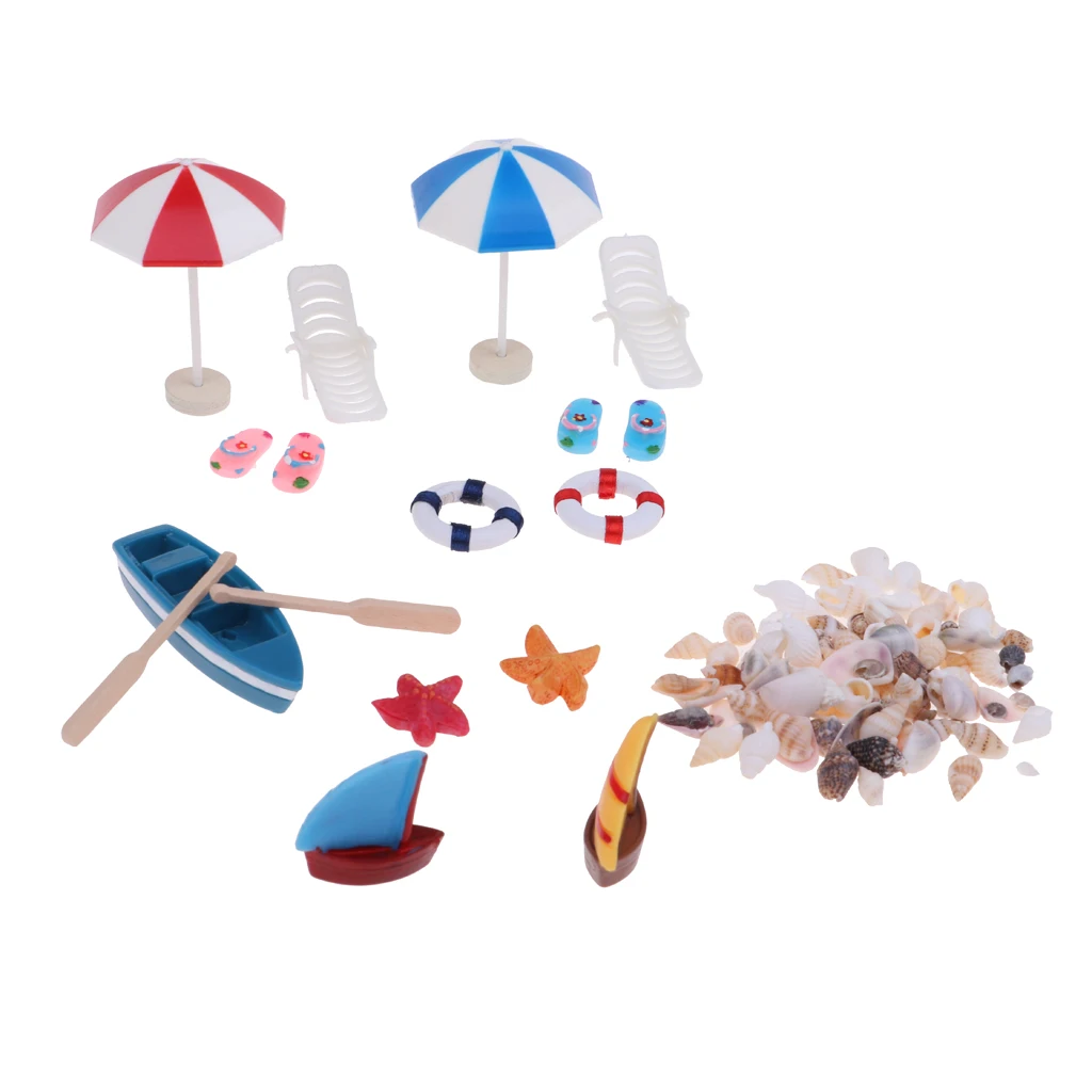SoundsBeauty Doll House Accessories Miniature Beach Chair Umbrella Boat Shells Model Mini Ornament Children Toy Gift