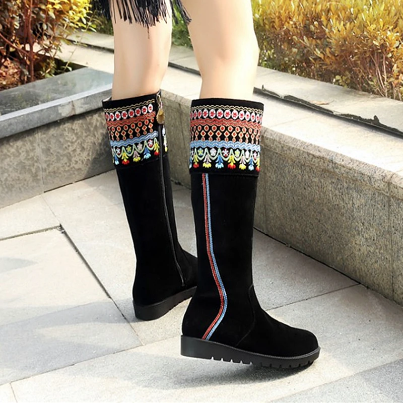 

Ethnic Style Suede Leather Women Knee High Boots Flat brand New Dress Shoes Woman Gladiator 2017 Warm Long Snow Booties Botas