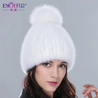 Женская меховая шапка бини, вязаная шапка с натуральным мехом норки и помпоном из натурального лисьего меха на зиму - Цвет: Color 04 white
