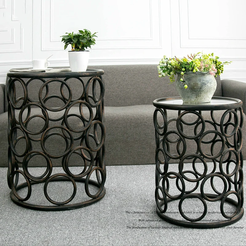 Metal Iron Set Two Round Coffee Table Corner Retro Round Tea Table Simple Round Glass Table