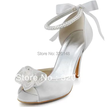 

EP2092 White Peep Toe Flower Pearl Strap 3" Stiletto Heel Satin Woman High Heel Shoes Wedding Bridal Sandals