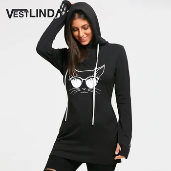 

VESTLINDA Hoodie Sweatshirt Women Winter Cartoon Cat Print Drawstring Tunic Hoodies Fashion Casual Long Pullover Tops Female