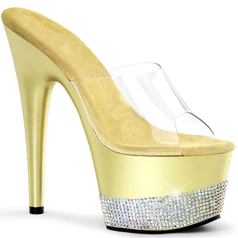 

Platform Slippers Women Shoes Slides Summer 15cm High Heels Mules Crystal Ladies Shoes Women PVC Transparent Shoes Peep Toe