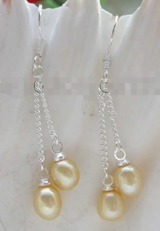 

free shipping A12 Genuine Natural 7x9mm golden drip pearl Earrings Dangle 925ss