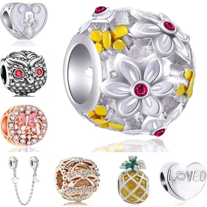 

Long Statement Crystal Owl Bird Cat Pineapple Flowers Charms Beads Fit Pandora Barcelets DIY Pulsera for Women Christmas Jewelry