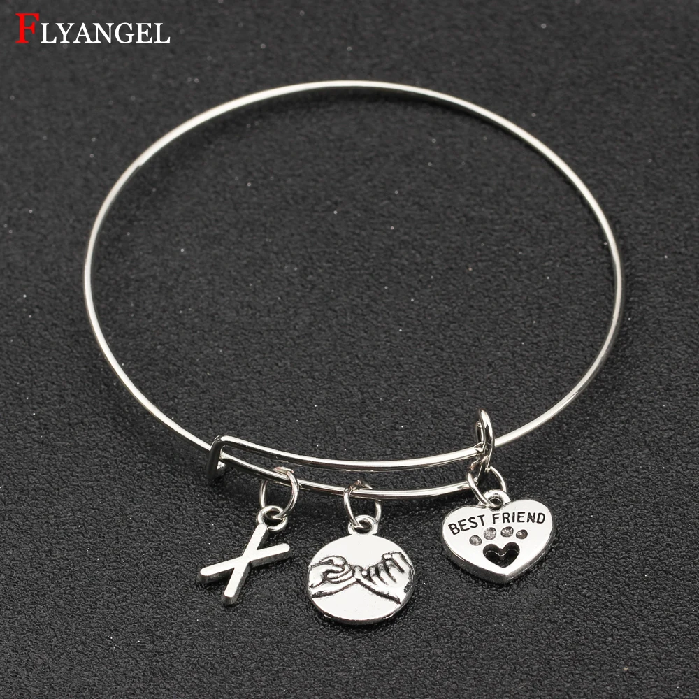 

New A-Z Initial Letter Best Friend Love Footprint Pinky Promise Charm Couples Gift Expandable Bangle Bracelet Women Men Jewelry