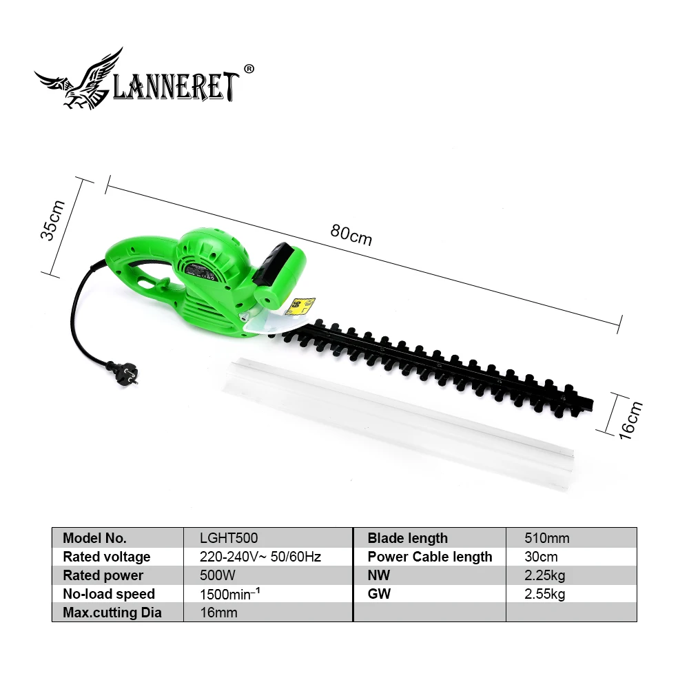 LANNERET 550W Hedge Trimmer AC Electric 510mm Grass Cutter Machine with Two-hand safety Switch Garden Tool